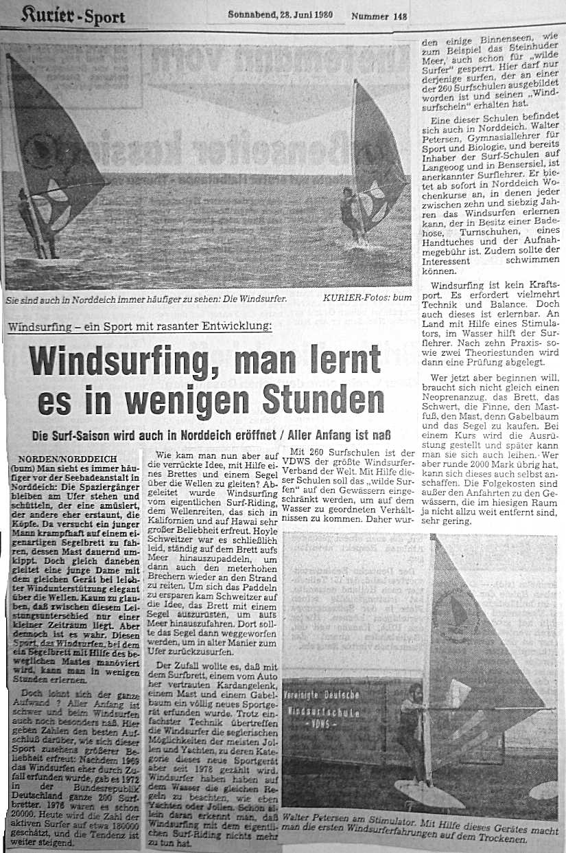 Windsurfing, man lernt es in wenigen Stunden. Artikel von 1980